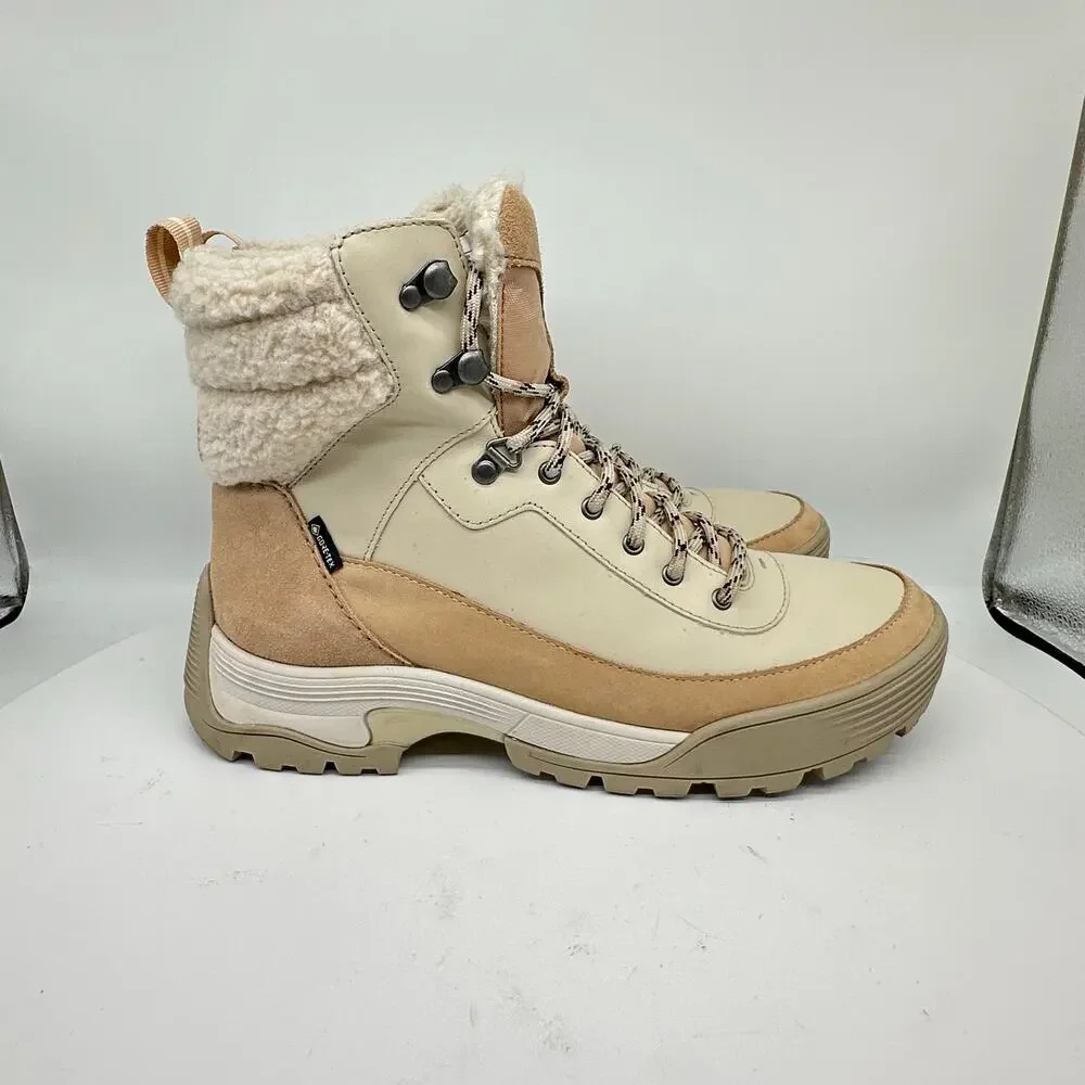 Clarks ATL Hike Top Gore-Tex Cream Leather Boots Fur Trim Collar Size 9.5